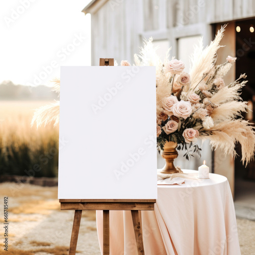 18 x 24 Vertical Blank White Wedding or Event Sign Mockup Mounted on a Wood Easel Surrounded by Boho Florals and Blush Pink Fabric 