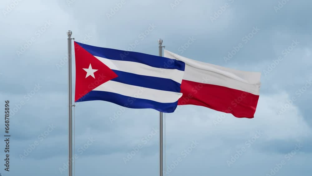 Poland and Cuba flag waving together on cloudy sky, endless seamless loop, two country cooperation concept Poland and Cuba flag waving together on cloudy sky, endless seamless loop, two country cooperation concept