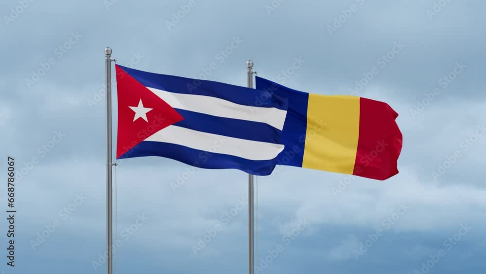 Romania and Cuba flag waving together on cloudy sky, endless seamless loop, two country cooperation concept Romania and Cuba flag waving together on cloudy sky, endless seamless loop, two country cooperation concept