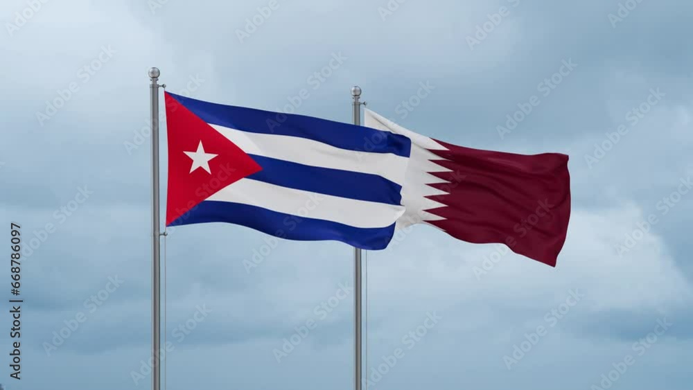 Qatar and Cuba flag waving together on cloudy sky, endless seamless loop, two country cooperation concept Qatar and Cuba flag waving together on cloudy sky, endless seamless loop, two country cooperation concept