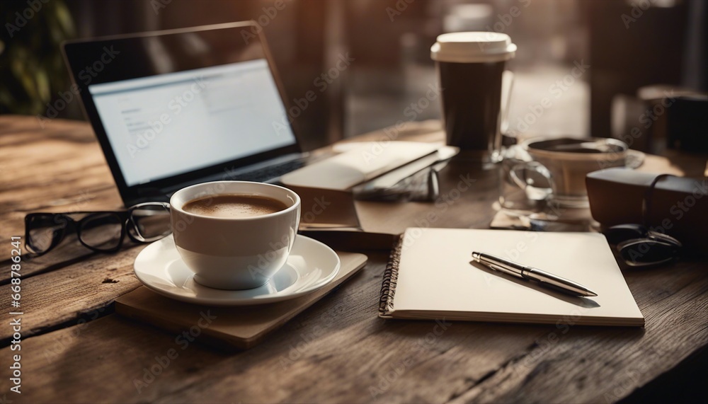 Wooden desk with laptop, notebook, pen and coffee, cozy, winter, work, productive Wooden desk with laptop, notebook, pen and coffee, cozy, winter, work, productive