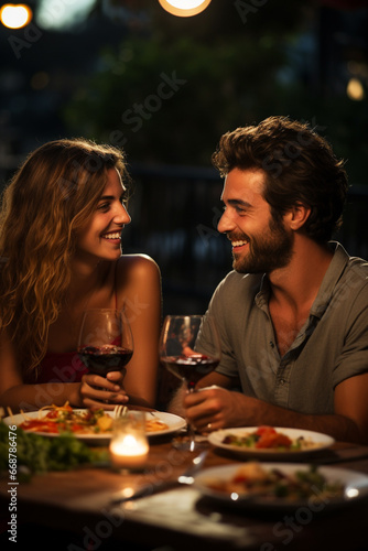 Couple enjoying romantic dinner at restaurant terrace