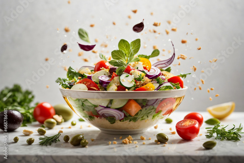 Vegetable salad in a bowl with flying ingredients and drops of olive oil white background