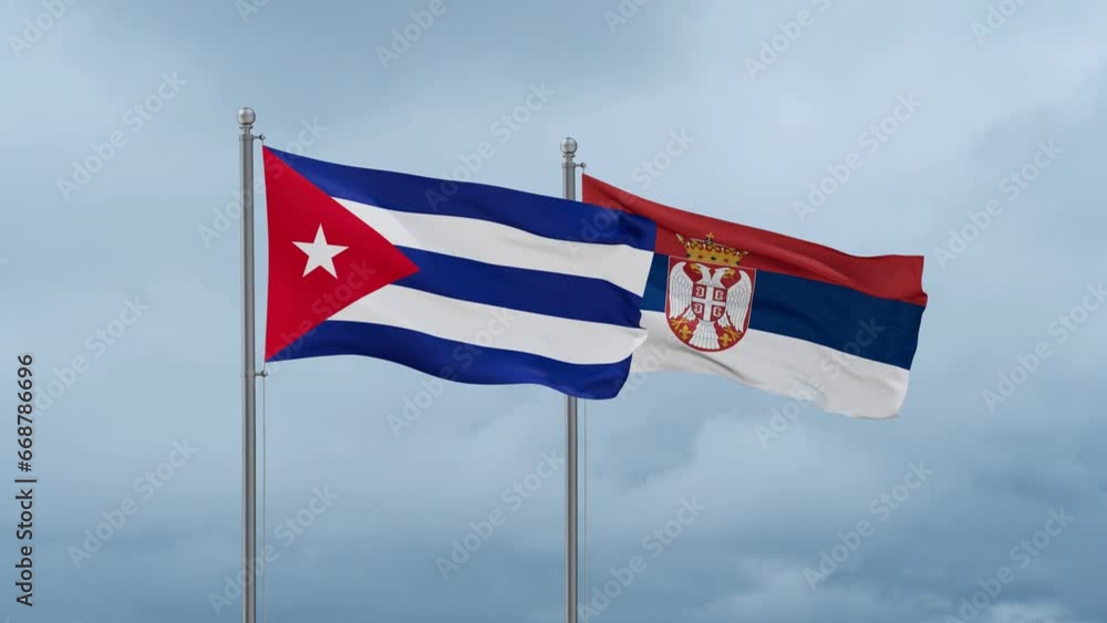 Republic of Serbia and Cuba flag waving together on cloudy sky, endless seamless loop, two country cooperation concept Republic of Serbia and Cuba flag waving together on cloudy sky, endless seamless loop, two country cooperation concept