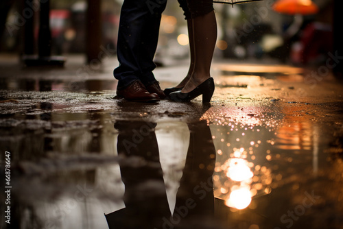 A couple's reflection in a rain puddle with an umbrella