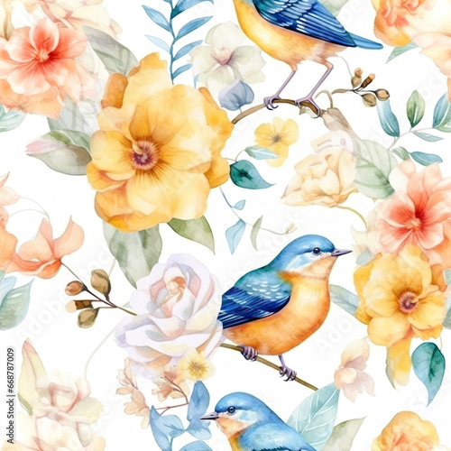Whimsical Nature  A Delicate Dance of Floral Patterns and Birds pattern with birds Seamless Pattern Images