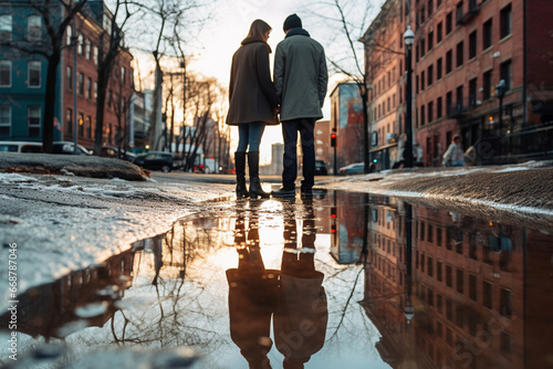 A couple's reflection in a puddle on a city street