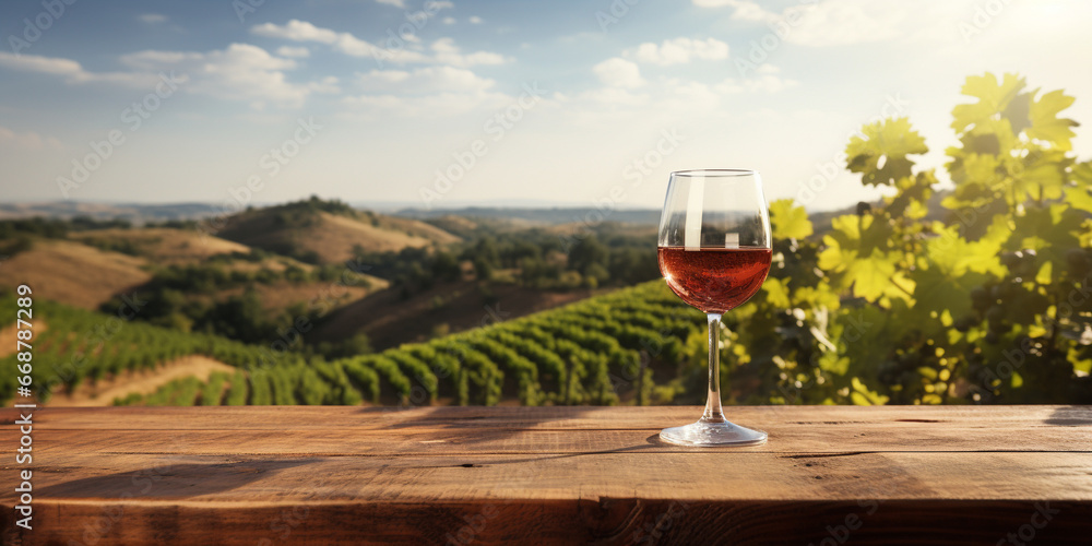 Wood table top with a glass of wine on blurred vineyard landscape background
