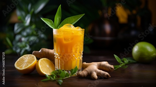 A glass of golden turmeric and ginger-infused juice, highlighting the rich, earthy color and health benefits.