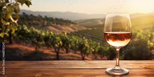 Wood table top with a glass of wine on blurred vineyard landscape background