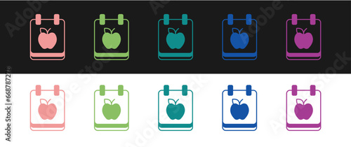 Set Diet plan icon isolated on isolated on black and white background. Concept of fitness marathon, proper nutrition, healthy food, beautiful body, vegetables, slimming. Vector
