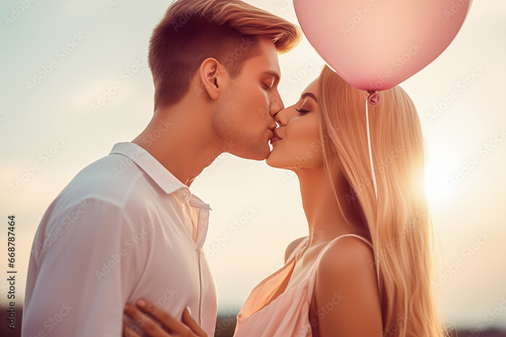 Beauty Girl and her Handsome Boyfriend holding heart shaped air balloon and kissing, Happy Joyful Family Beauty Girl and her Handsome Boyfriend holding heart shaped air balloon and kissing, Happy Joyful Family