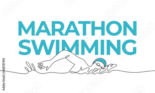 Single continuous drawing. Sports, triathlon, marathon swimming. Colored elements and title. One line vector illustration