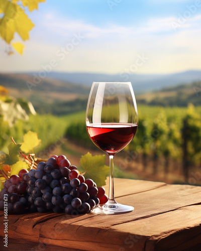 Wood table top with a glass of wine on blurred vineyard landscape background