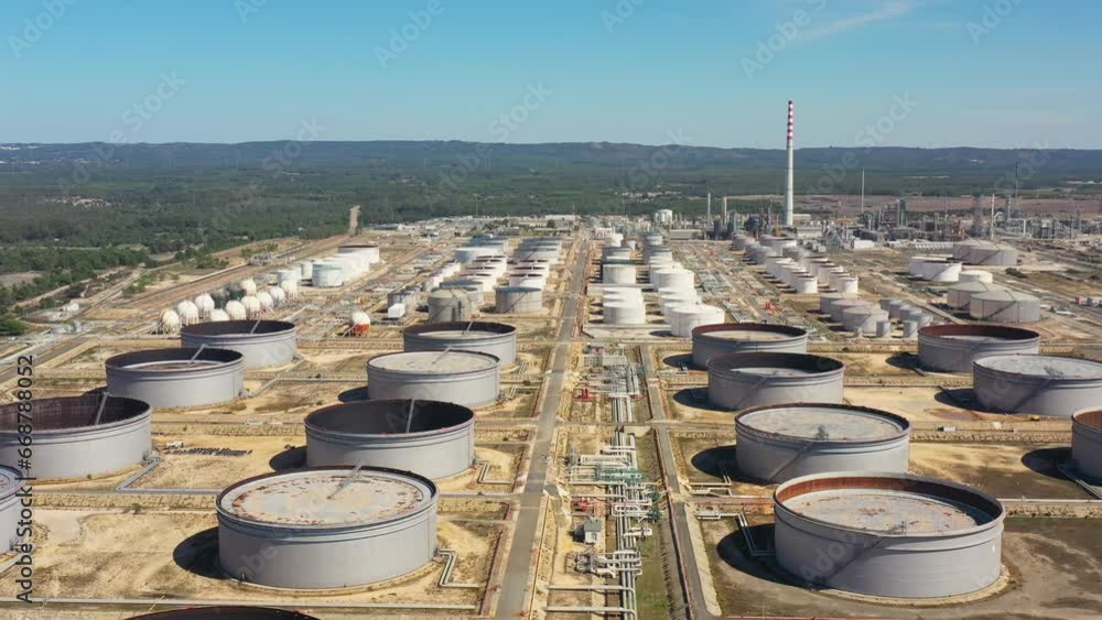 Portugal Sines oil terminal storage tanks, aerial view, oil and gas storage tanks, oil refinery chemical products.