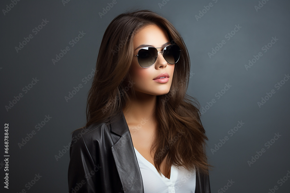 Studio portrait of a beautiful young brunette woman in sunglasses Studio portrait of a beautiful young brunette woman in sunglasses