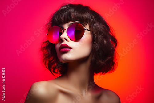 Studio portrait of a beautiful young brunette woman in sunglasses