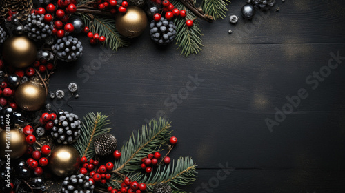 Christmas background with christmas decorations  berries and cones.