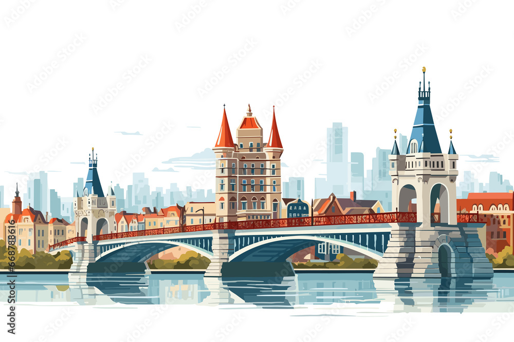 Fototapeta premium Bridge, Drawbridge, City, Architecture, building construction, flat art illustration
