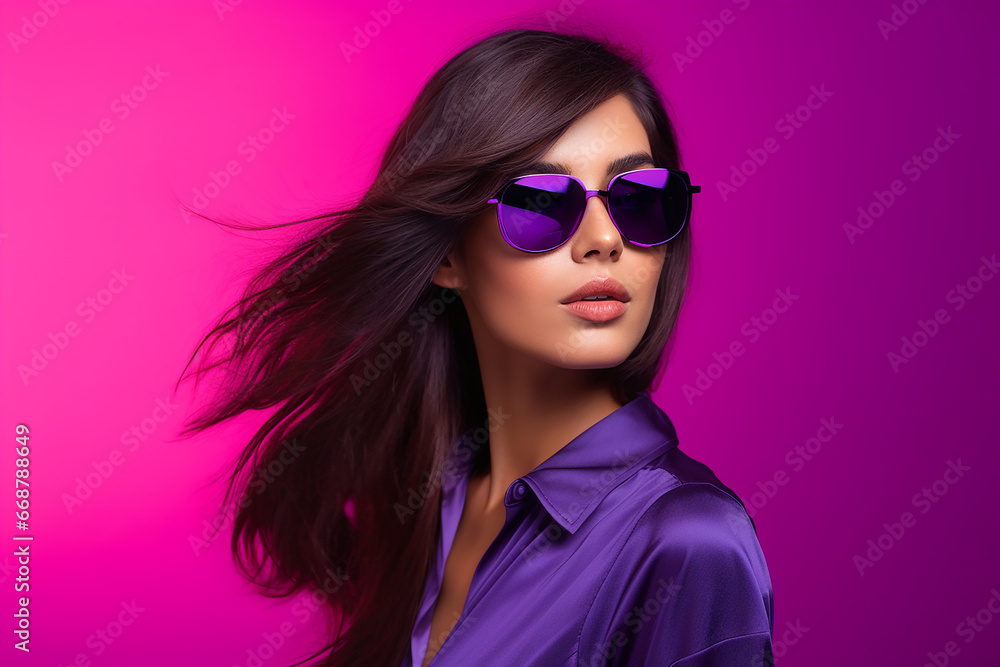 Studio portrait of a beautiful young brunette woman in sunglasses