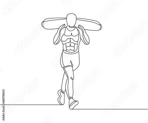 core bag carry exercise Line Drawing isolated on copy space white background, Sand bag core exercise editable vector illustration, Continuous one line drawing, Sand bag training outline illustration