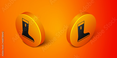 Isometric Waterproof rubber boot icon isolated on orange background. Gumboots for rainy weather, fishing, gardening. Orange circle button. Vector