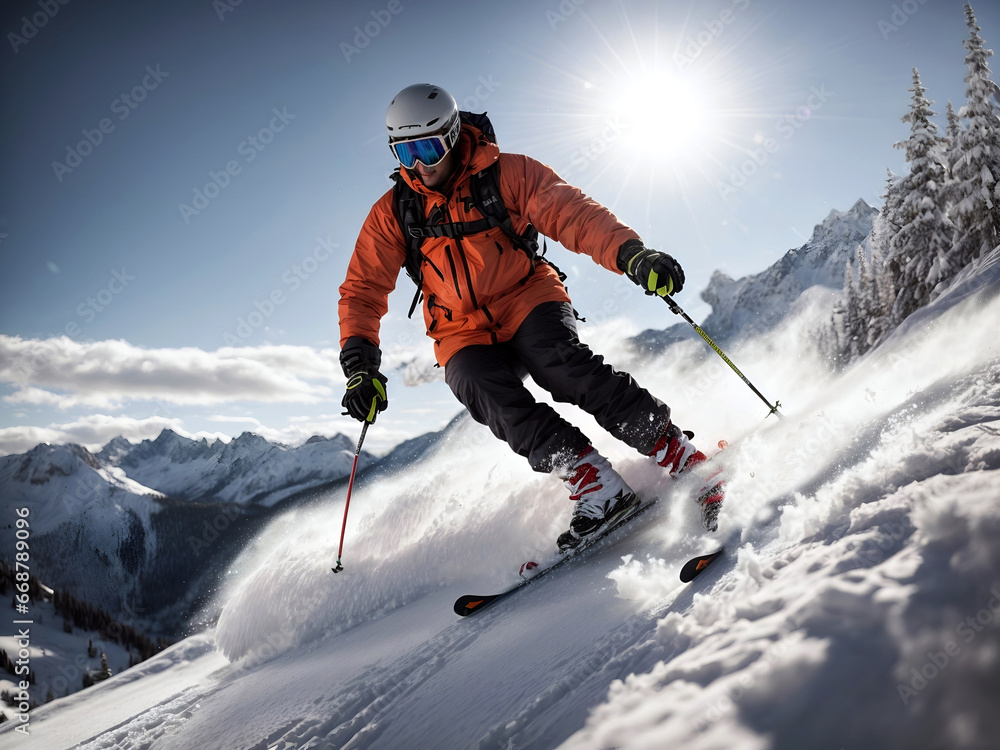 Skier skiing downhill in high mountains, extreme sport on a sunny day, healthy lifestyle.
