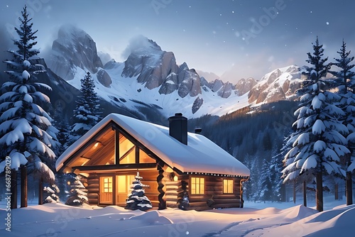 Immerse yourself in the natural beauty of a snowy mountain landscape, with a cozy cabin for the perfect winter getaway. © Iresha