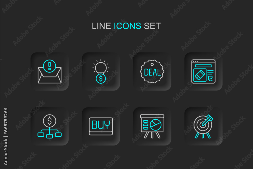 Set line Target financial goal, Board with graph, Buy button, Hierarchy dollar, Online shopping screen, Deal, Light bulb and Envelope icon. Vector Set line Target financial goal, Board with graph, Buy button, Hierarchy dollar, Online shopping screen, Deal, Light bulb and Envelope icon. Vector