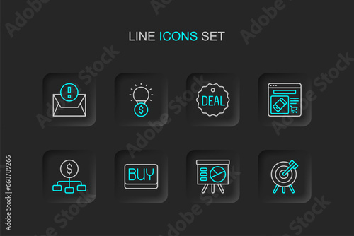 Set line Target financial goal, Board with graph, Buy button, Hierarchy dollar, Online shopping screen, Deal, Light bulb and Envelope icon. Vector