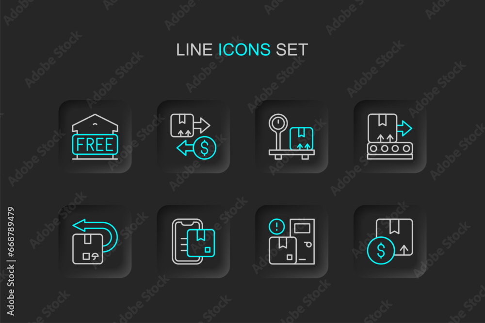 Set line Carton cardboard box, Home delivery services, Document tracking marker, Return, Conveyor belt with, Scale, Tax and Free storage icon. Vector Set line Carton cardboard box, Home delivery services, Document tracking marker, Return, Conveyor belt with, Scale, Tax and Free storage icon. Vector