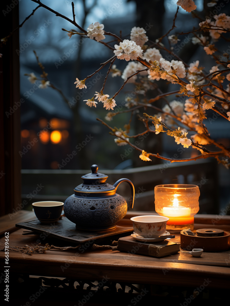 Fototapeta premium Close-up of tea set and candles in Chinese style atmosphere, in front of windowsill
