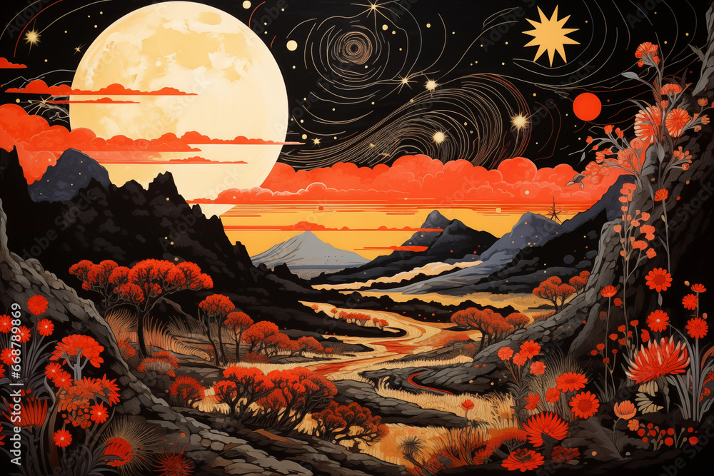 illustration of an landscape with moon and stars