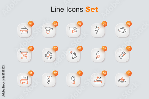 Set line Fishing float in water, Fisherman boat, lure, Hand ice drill, Diving mask, Oars or paddles, Bottle of vodka and harpoon icon. Vector