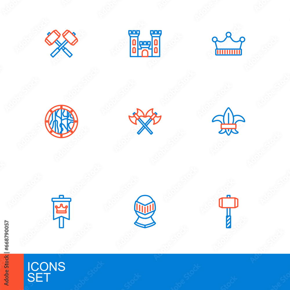 Set line Battle hammer, Medieval helmet, flag, Fleur de lys or lily flower, Round wooden shield, Crossed medieval axes, King crown and Castle icon. Vector