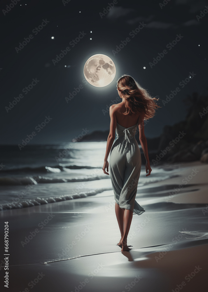 giovane affascinante donna vista di spalle che passeggia su una spiaggia deserta al chiaro di luna - obrazy, fototapety, plakaty 