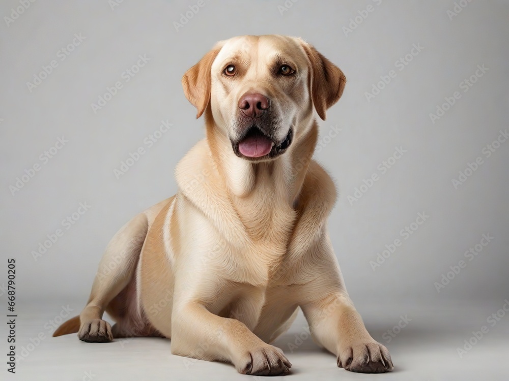 Perro de raza Labrador, echado en el suelo, mirando hacia el frente, sobre fondo blanco