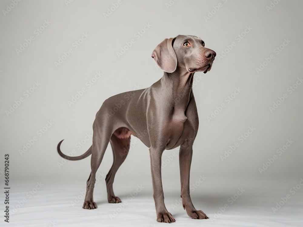 Fototapeta premium Perro de raza Weimaraner, parado, mirando hacia el lado derecho, sobre fondo blanco.
