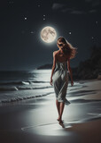 giovane affascinante donna vista di spalle che passeggia su una spiaggia deserta al chiaro di luna