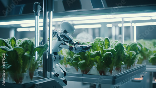 Robotic arm harvests hydroponic lettuce. photo