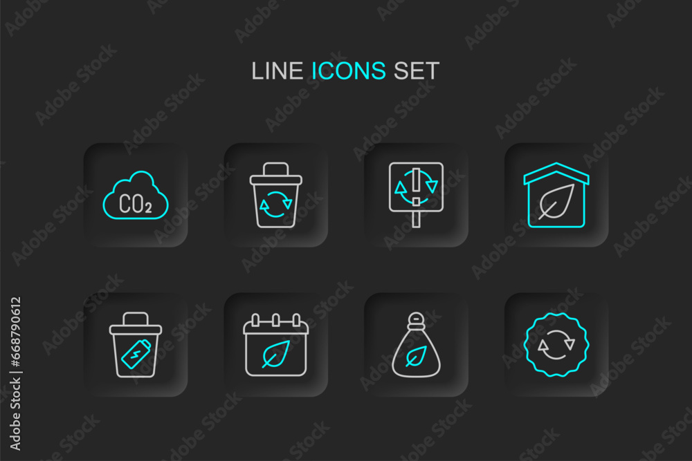Set line Recycle symbol, Garbage bag, Calendar with autumn leaves, Trash can, Eco friendly house, bin and CO2 emissions cloud icon. Vector Set line Recycle symbol, Garbage bag, Calendar with autumn leaves, Trash can, Eco friendly house, bin and CO2 emissions cloud icon. Vector