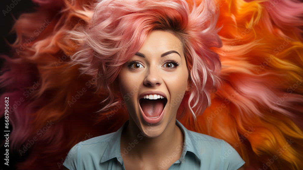 Young woman with colorful hair shouting.