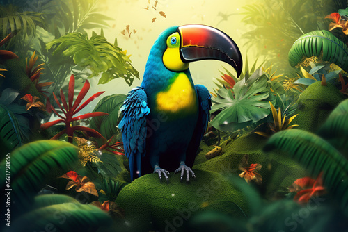 Parrot in the jungle. Nature background. 3D illustration.