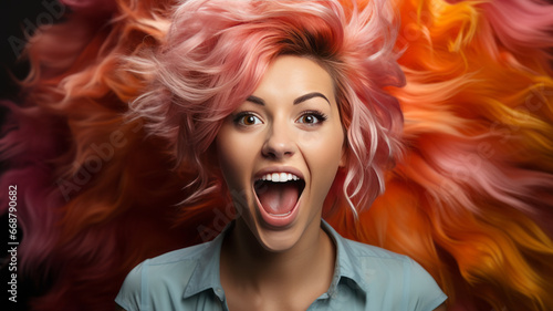 Young woman with colorful hair shouting.