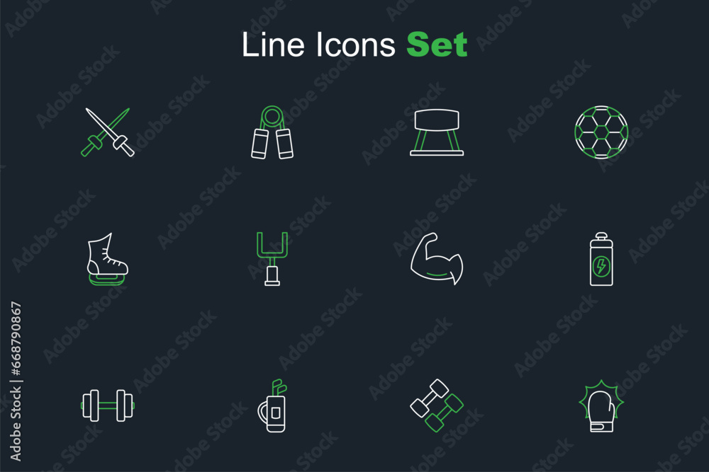 Set line Punch in boxing gloves, Dumbbell, Golf bag with clubs, Fitness shaker, Bodybuilder showing his muscles, American football goal post and Skates icon. Vector Set line Punch in boxing gloves, Dumbbell, Golf bag with clubs, Fitness shaker, Bodybuilder showing his muscles, American football goal post and Skates icon. Vector