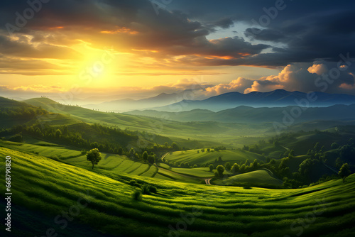 Landscape view of a beautiful panoramic sunset cinematic style with mountains, clouds and lake