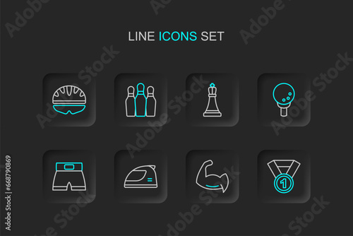 Set line Medal, Bodybuilder showing his muscles, Racing helmet, Boxing short, Golf ball on tee, Chess, Bowling pin and Bicycle icon. Vector