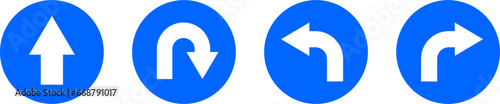 Go Straight This Way One Way Only U Turn Left and Right Blue and White Arrow Round Circle Traffic Sign Direction Icon Set. Vector Image.