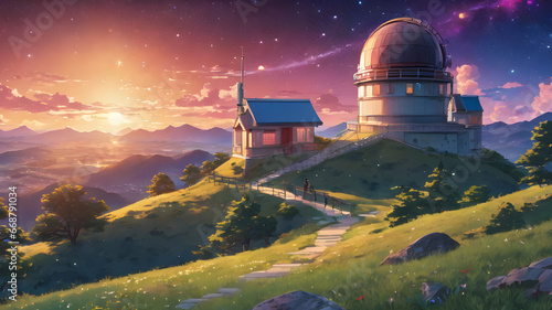 An Illustration Capturing the Sunset Hues and Celestial Beauty from the Astronomy Observatory at Dusk and Dawn photo