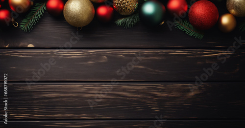  christmas decorations on wooden background. copy space. flat lay